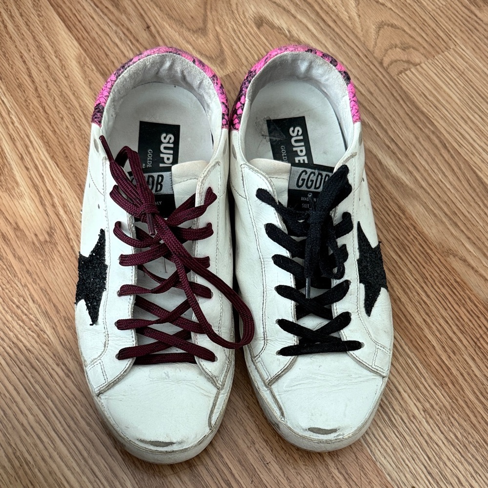 Golden Goose Women's White Sneakers with Black Star and Pink Accents